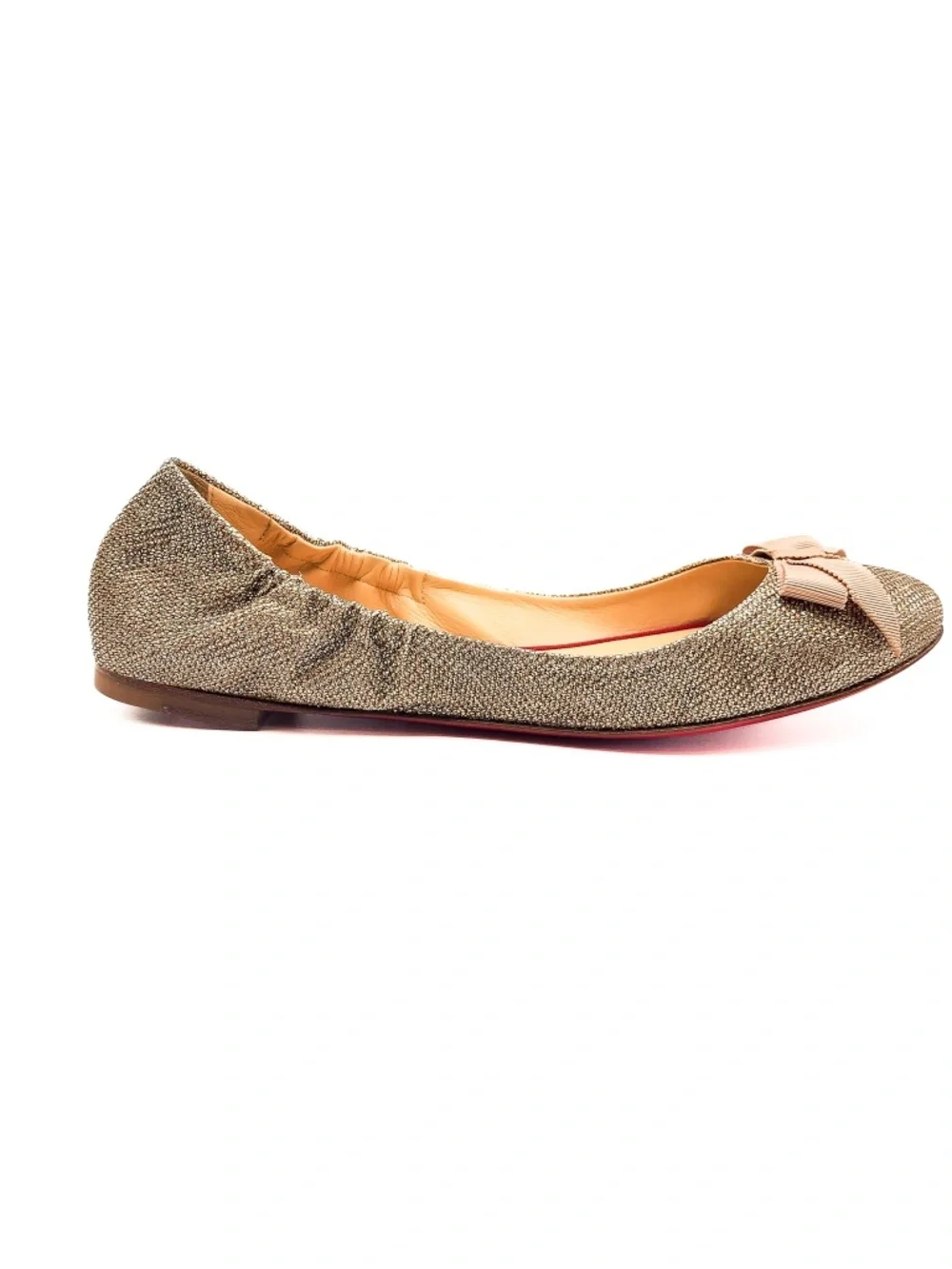 Christian Louboutin Gloriana Glittered Gold Fabric Ballet Bow Flats EU 37.5